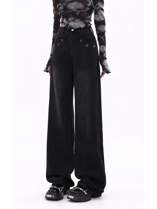 Midnight Wide-Leg Jeans - 2000s Fashion, Y2K Aesthetic, Vintage Style