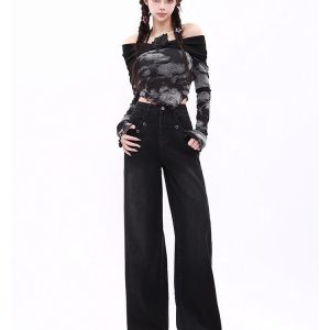 Midnight Wide-Leg Jeans - 2000s Fashion, Y2K Aesthetic, Vintage Style