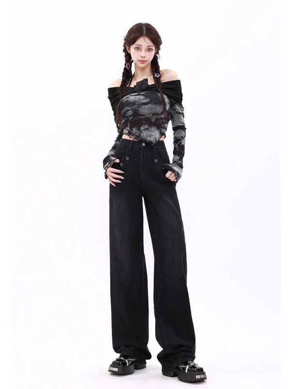 Midnight Wide-Leg Jeans - 2000s Fashion, Y2K Aesthetic, Vintage Style