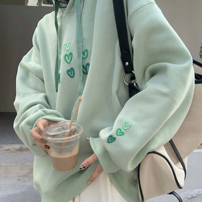 Mint Aesthetic Heart Hoodie - 2000s Fashion Inspired Winter Outfit