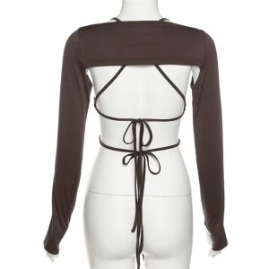 Mocha Ruched Tie-Up Top - 2000s Fashion Inspired Women's Outfit