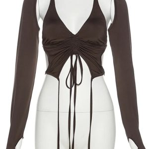 Mocha Ruched Tie-Up Top - 2000s Fashion Inspired Women's Outfit