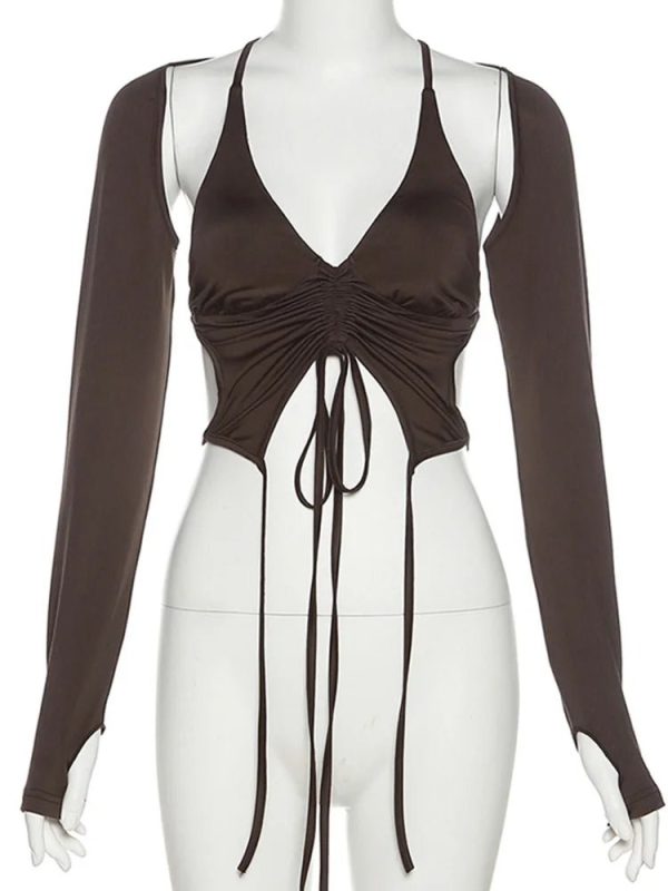 Mocha Ruched Tie-Up Top - 2000s Fashion Inspired Women's Outfit