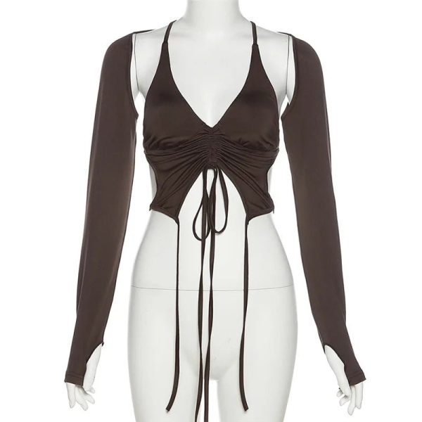 Mocha Ruched Tie-Up Top - 2000s Fashion Inspired Women's Outfit