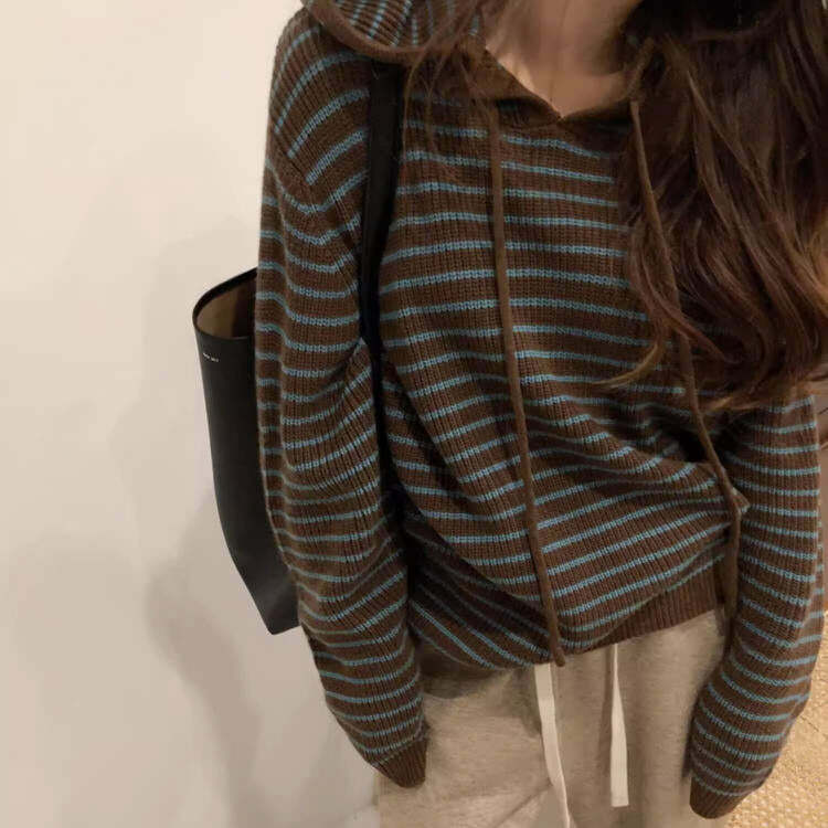 New Student Striped Knit Hoodie - 2000s Fashion Inspired Winter Outfit