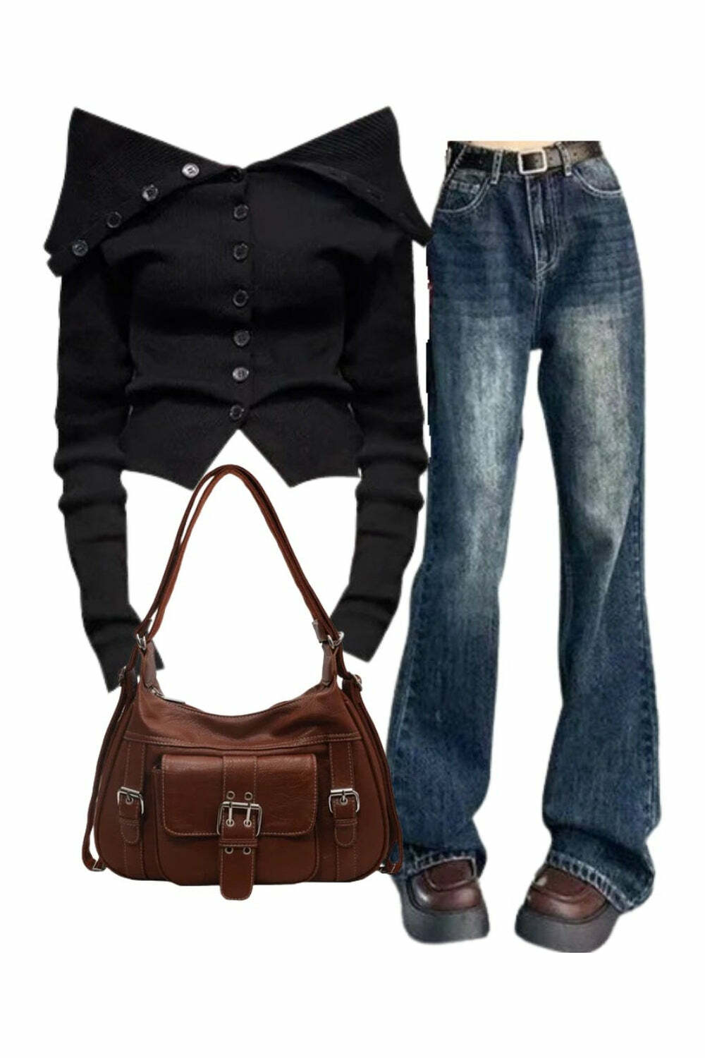 Noir Off-Shoulder Cardigan + Vintage Wash Flare Jeans + 2000s Fashion Satchel Bag