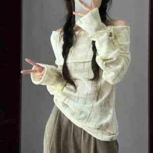 Off-Shoulder Buttoned Knit Top - 2000s Fashion Inspired Winter Outfit