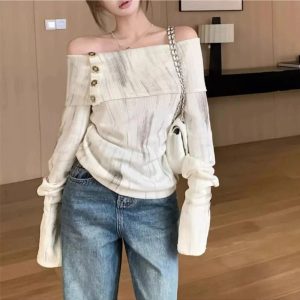 Off-Shoulder Buttoned Knit Top - 2000s Fashion Inspired Winter Outfit