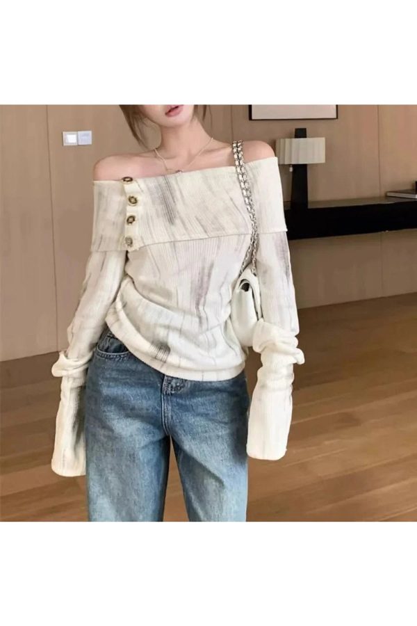 Off-Shoulder Buttoned Knit Top - 2000s Fashion Inspired Winter Outfit