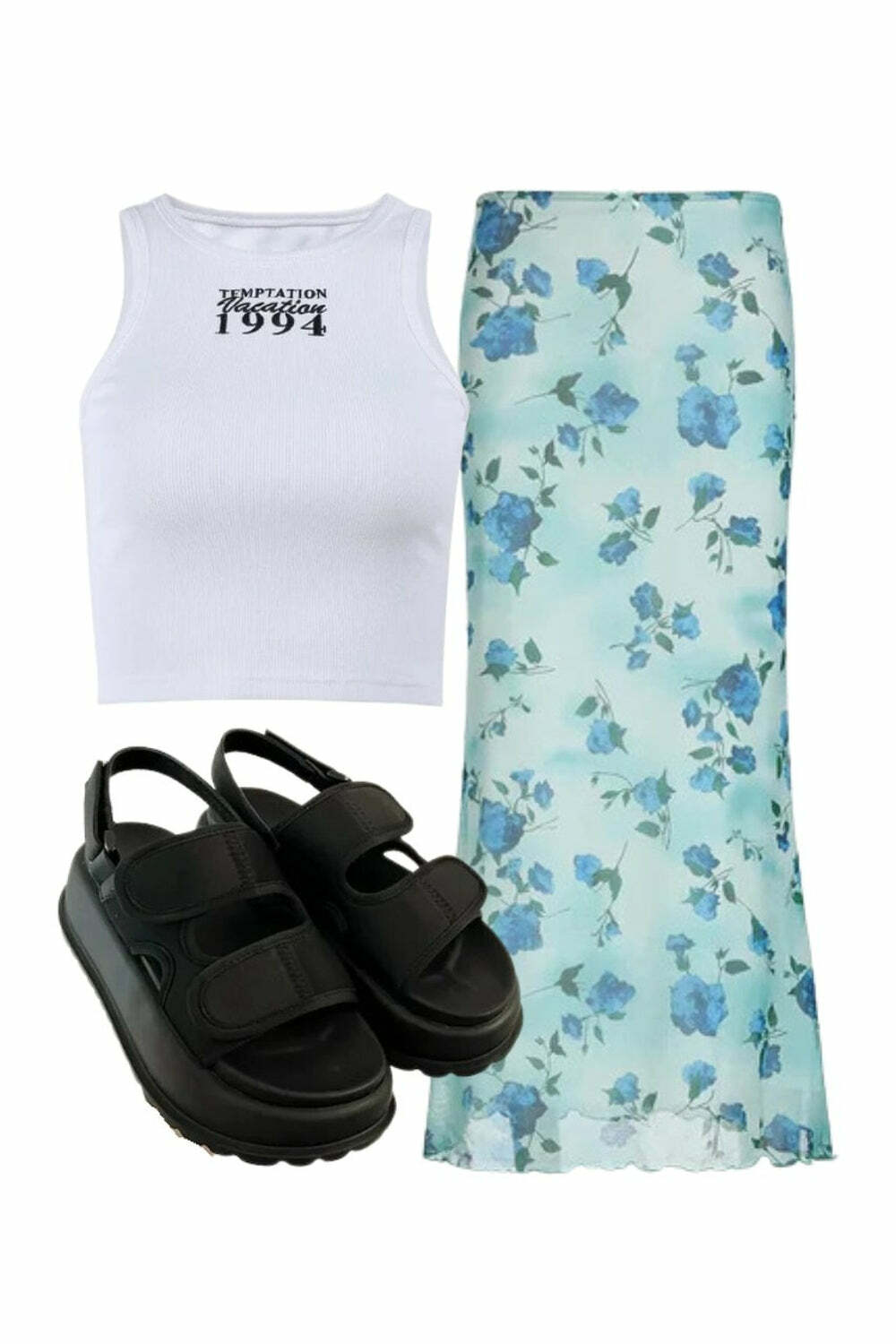 Outfit: 1994 Vintage Ribbed Tank Top + Blue Blossom Mesh Maxi Skirt + 2000s Fashion Chunky Sandals