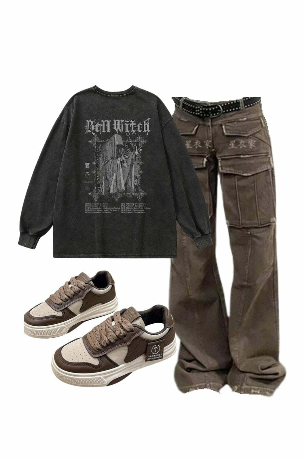 Outfit: Arctic Edge Cargo Pants + Bell Witch Gothic Long Sleeve Top + 2000s Winter Fashion Sports Shoes