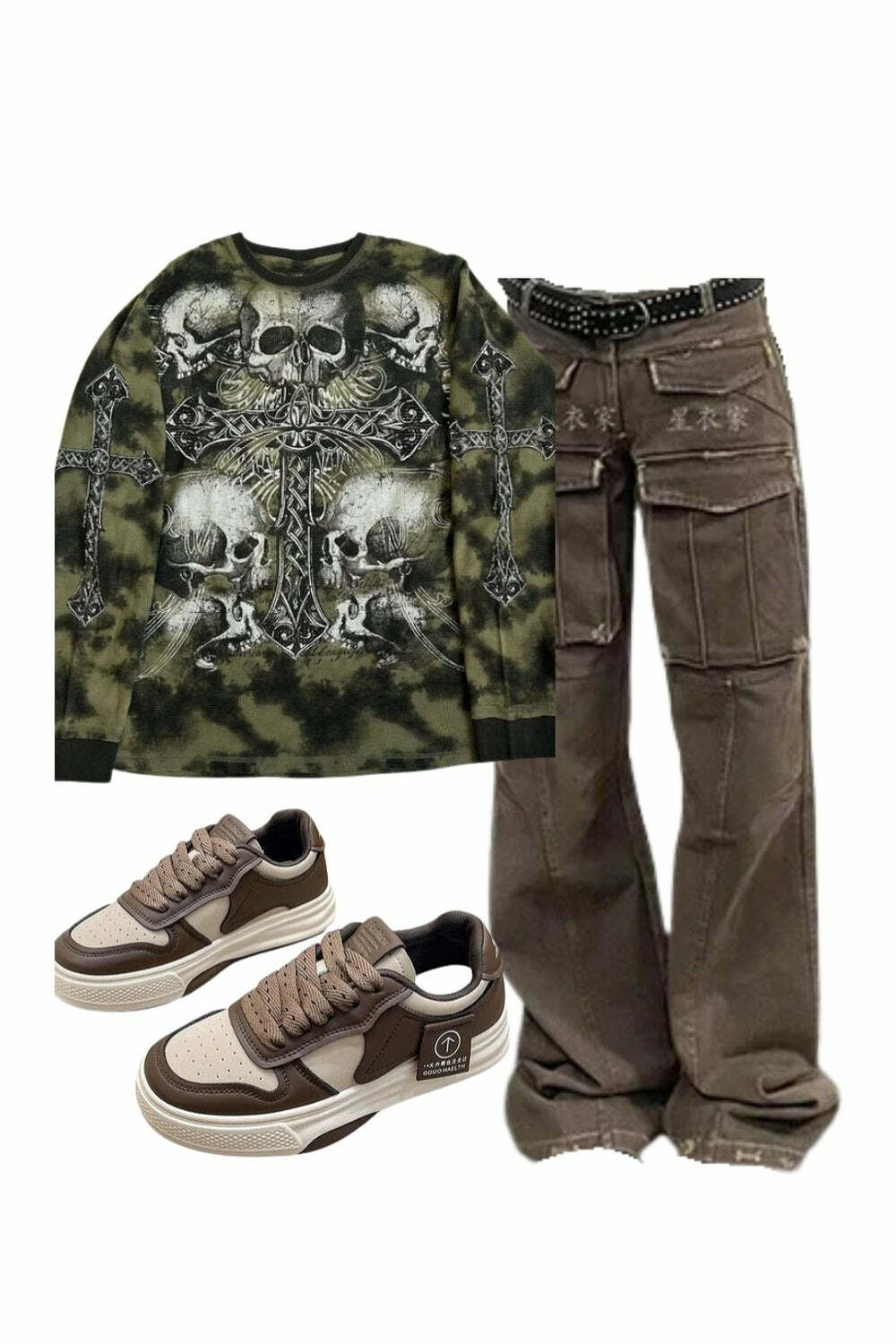 Outfit: Arctic Edge Cargo Pants + Gothic Cross Skull Print Top + 2000s Winter Fashion Sports Shoes