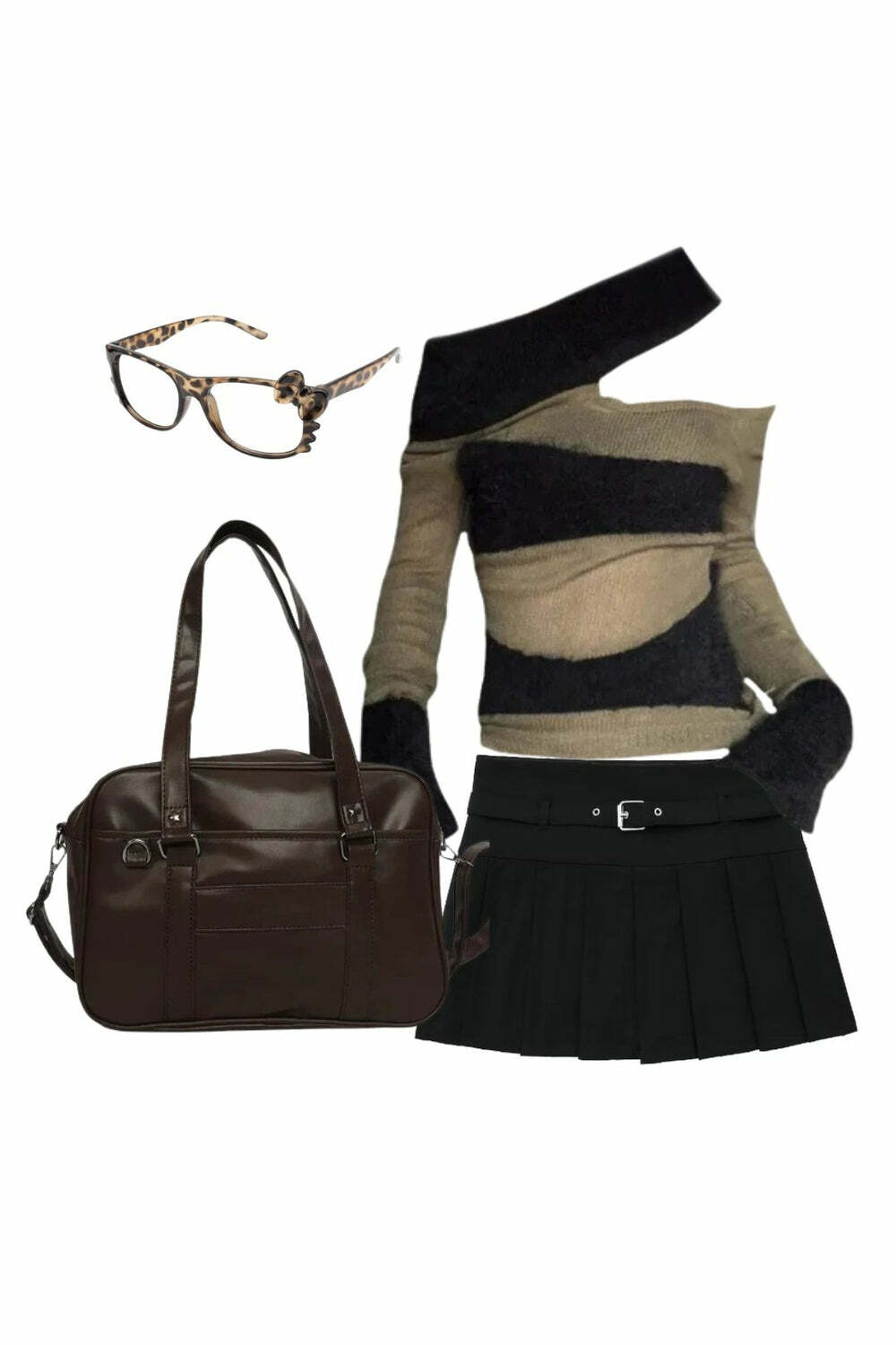 Outfit: Autumn Chic Short Zipper Skirt & Edgy Asymmetrical Top 2000s Fashion