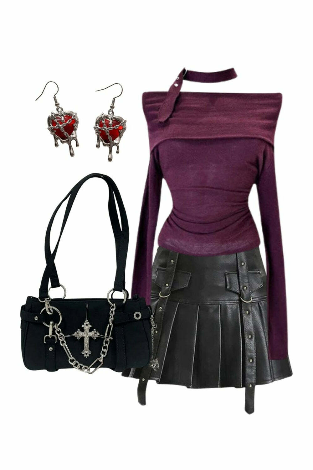 Outfit: Black Buckled Pleated Mini Skirt & Asymmetric Choker Top - 2000s Fashion