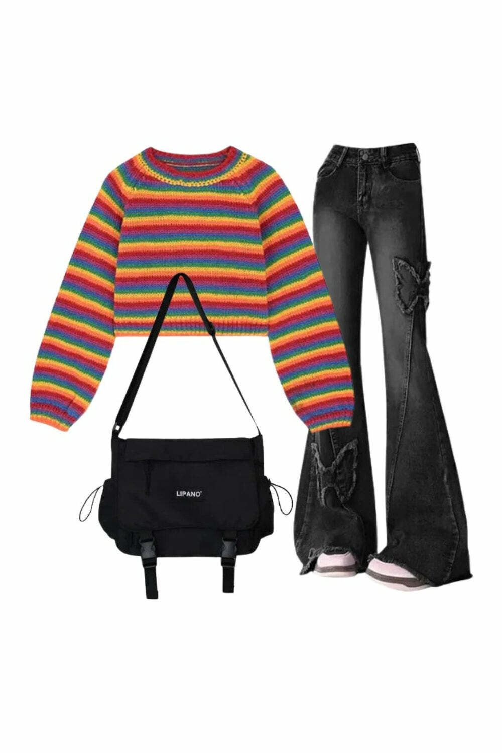 Outfit: Dark Butterfly Flare Jeans + Rainbow Stripes Cropped Sweater + 2000s Winter Fashion Crossbody Bag