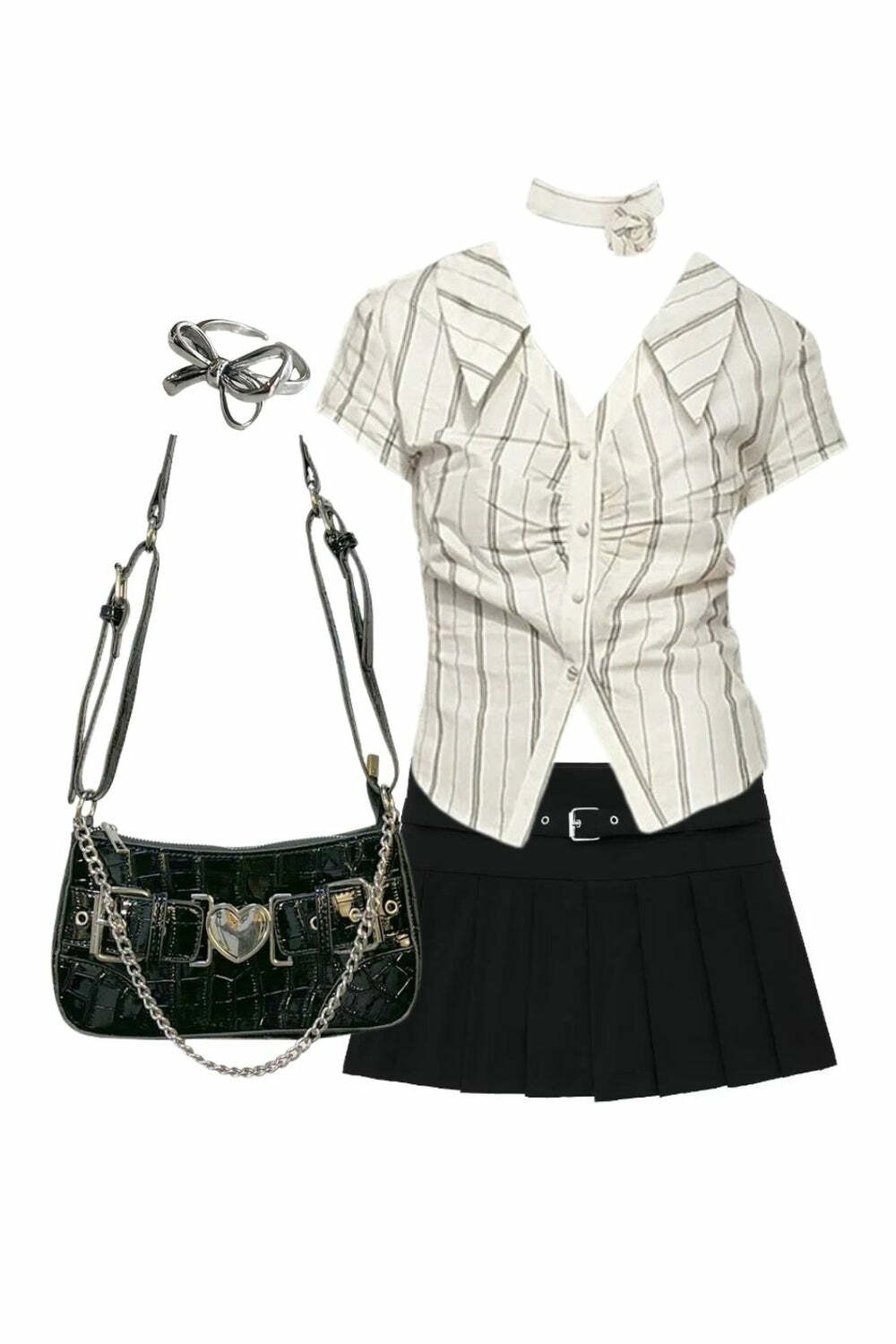 Outfit: Elegant Stripe Office Blouse + 2000s Winter Fashion Short Zipper Skirt + Chain Crossbody Bag + Ring