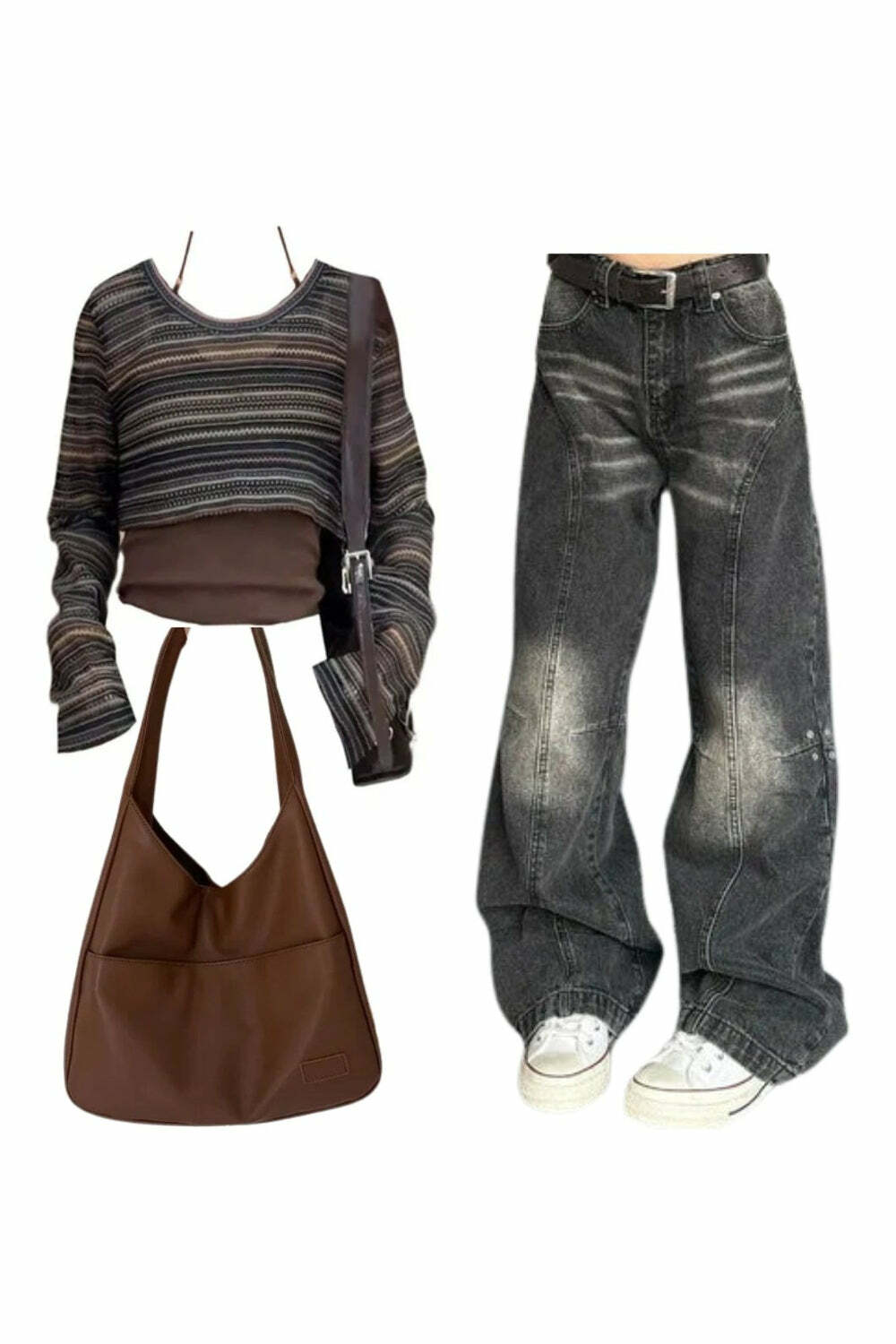 Outfit: Layered Boho Knit Crop Top + Washed Black Wide-Leg Jeans + 2000s Winter Fashion Handbag