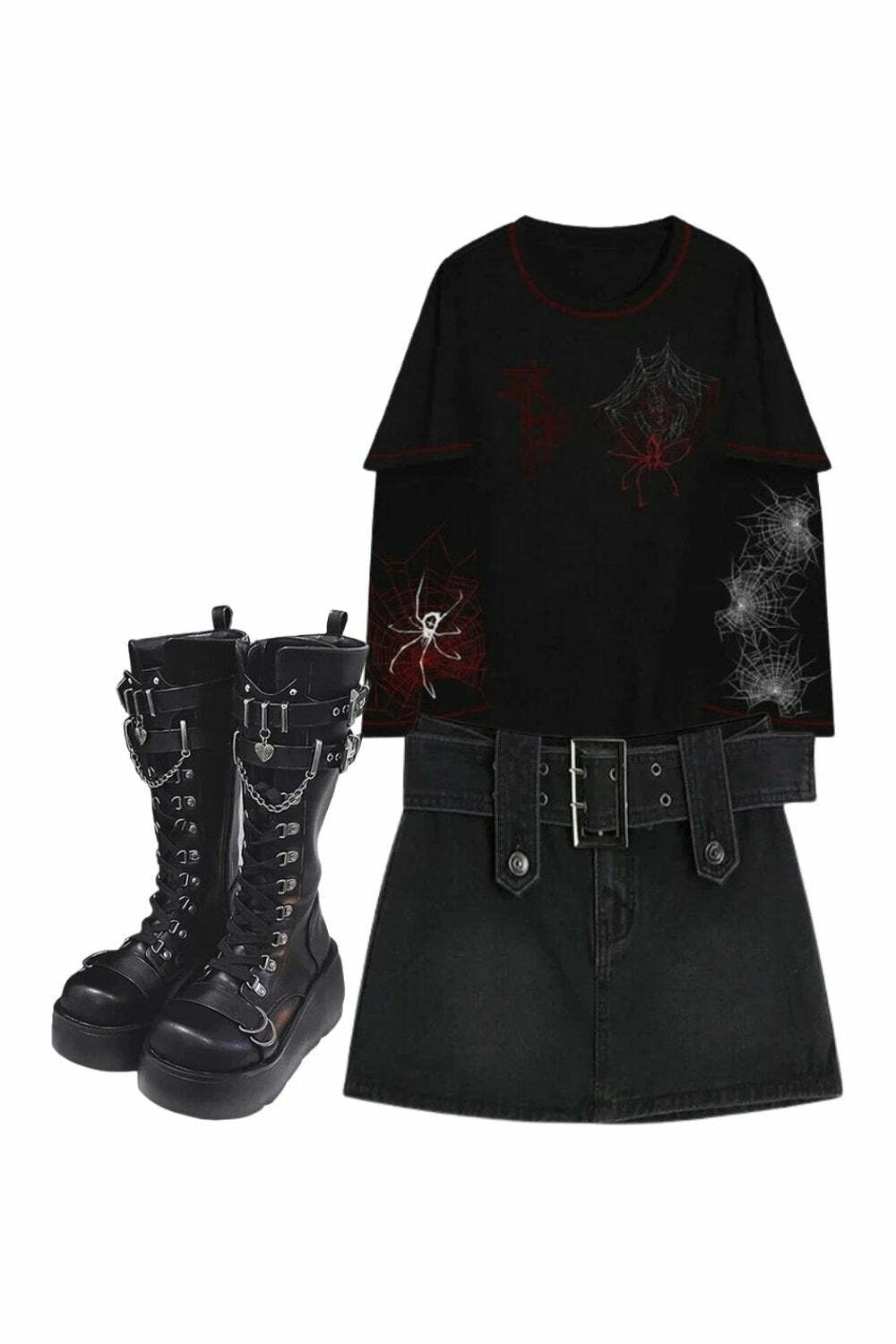 Outfit: Midnight Rebel Belted Mini Skirt + Fall Alt Long Sleeve Hoodie + 2000s Gothic Combat Boots