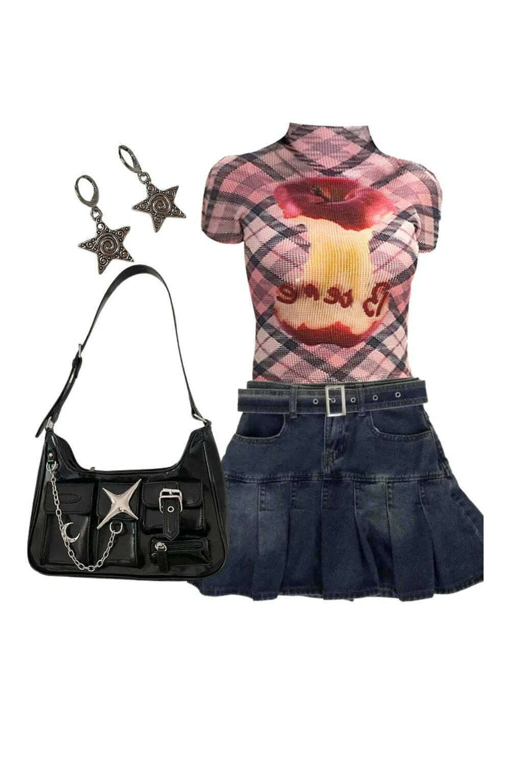 Outfit: Plaid Applecore Mesh Crop Top + Vintage Pleated Denim Mini Skirt + 2000s Y2K Black Chain Handbag + Earrings