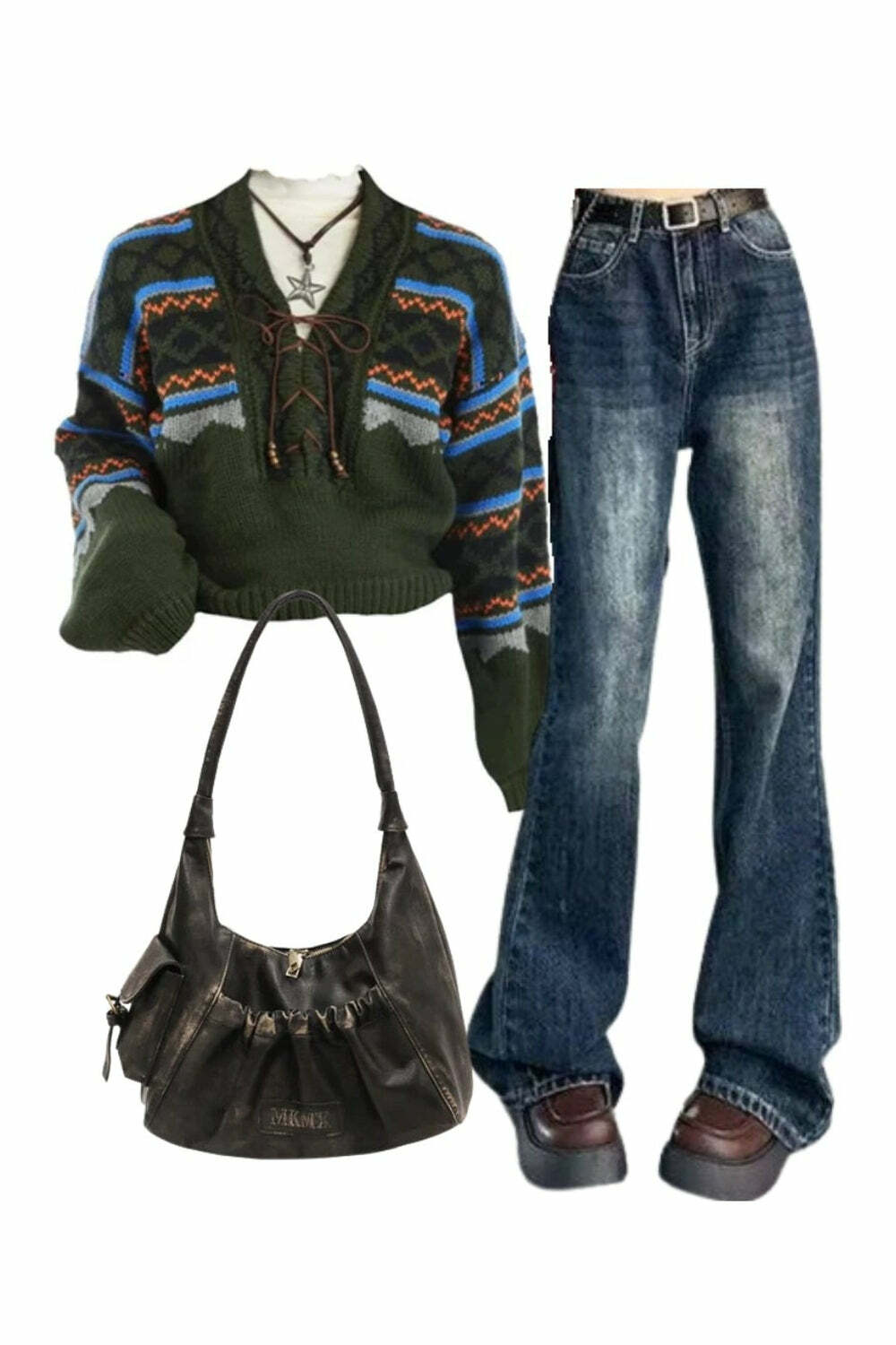 Outfit: Vintage Wash Flare Jeans + Forest Fair Isle Sweater + 2000s Rustic Bag