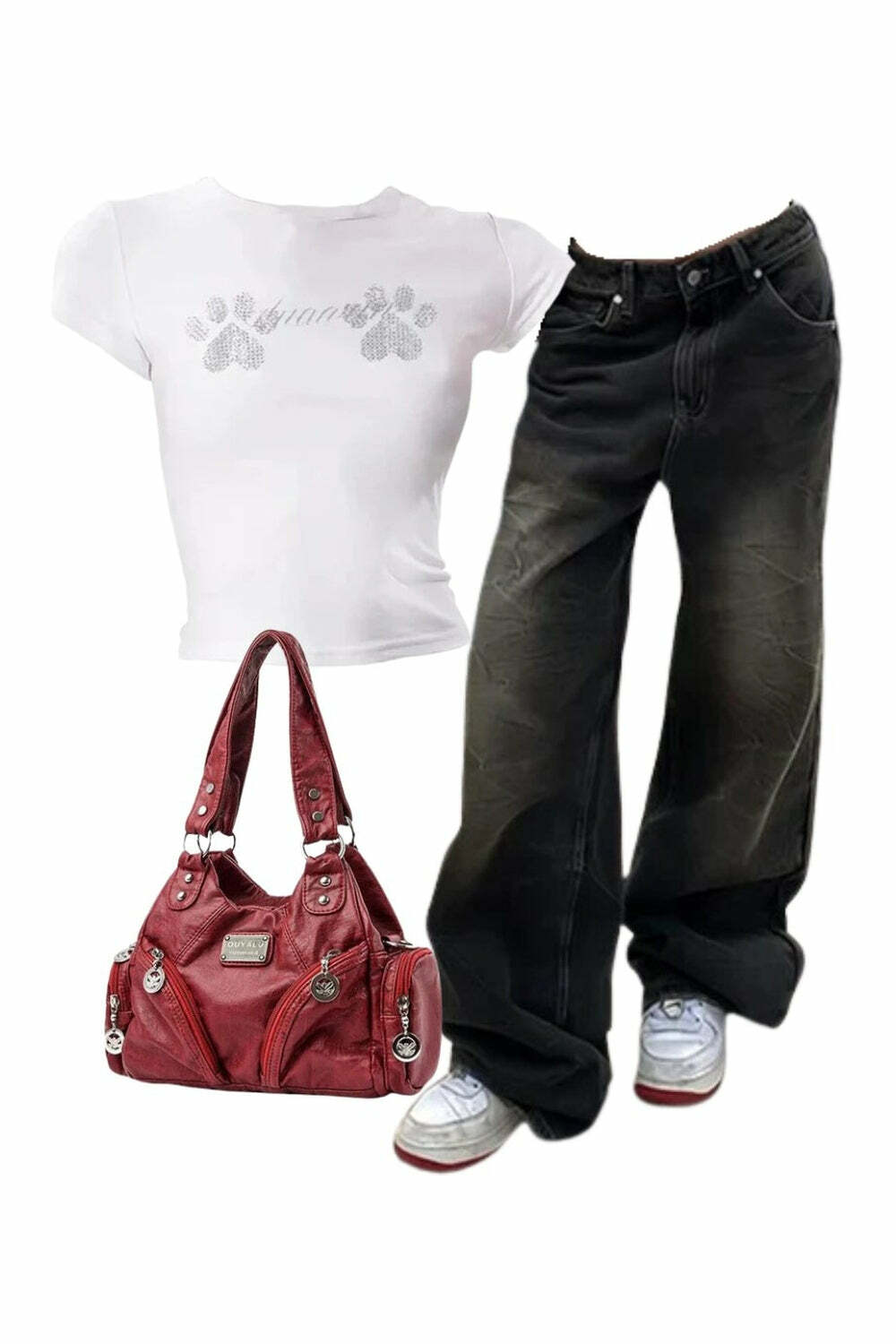 Outfit: Vintage Washed Baggy Jeans + Rhinestone Paw Print Baby Top + 2000s Winter Fashion Midnight Zipper Accent Shoulder Bag