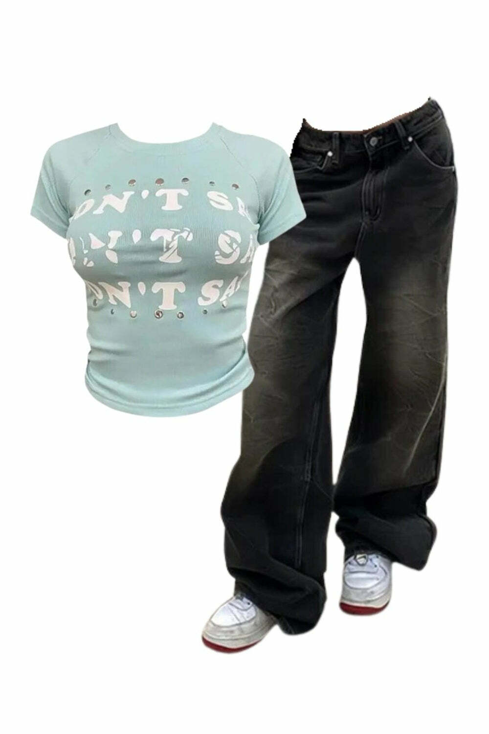 Outfit: Vintage Washed Baggy Jeans + Studded Graphic Baby Top for 2000s Fashion