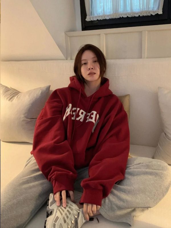 Oversized Maroon Graphic Hoodie - 2000s Fashion Nostalgia Outfit