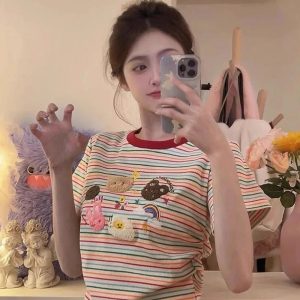 Pastel Breakfast Striped Top - 2000s Fashion Inspired Women's Outfit