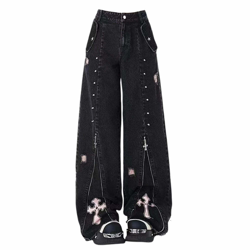 Pastel Goth Cross Baggy Jeans - 2000s Fashion, Y2K Aesthetic Outfit