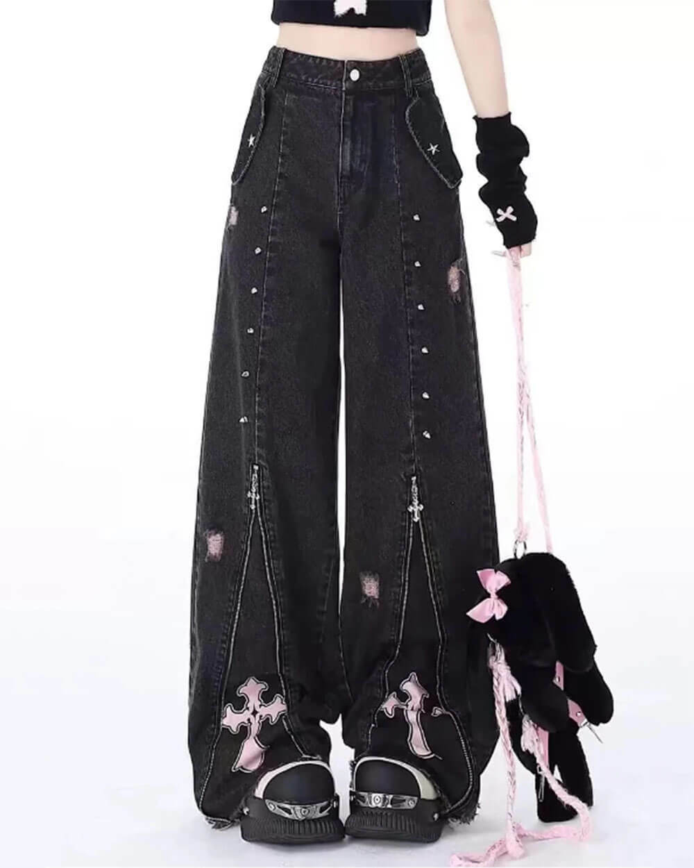 Pastel Goth Cross Baggy Jeans - 2000s Fashion, Y2K Aesthetic Outfit