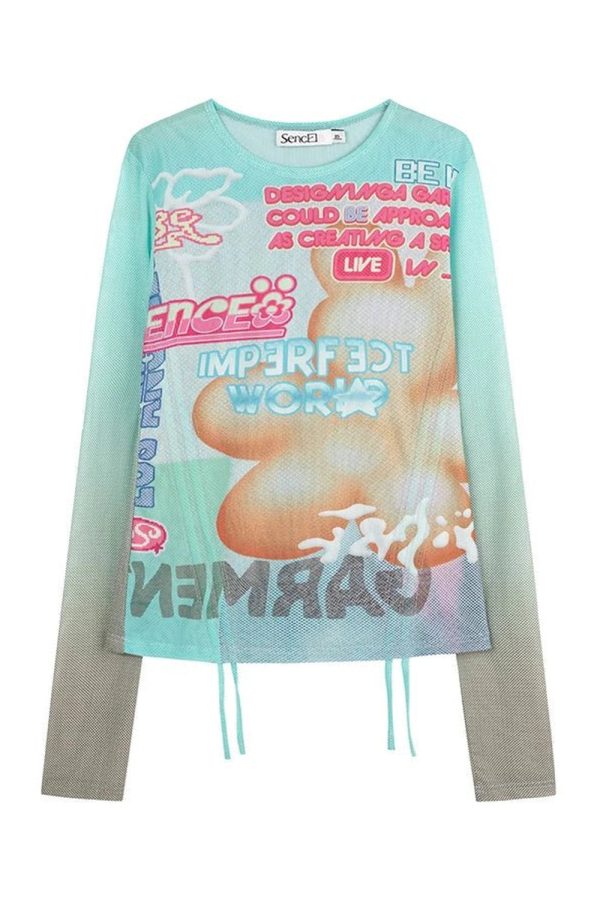 Pastel Graphic Mesh Top - 2000s Fashion Inspired Y2K Aesthetic Outfit