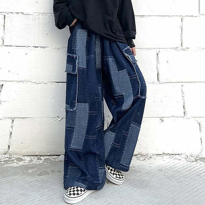 Patchwork Baggy Jeans - 2000s Fashion, Nostalgia Outfits, Y2K Aesthetic