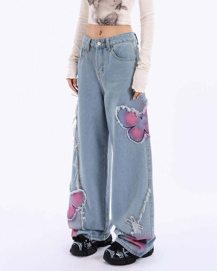 Pink Butterfly Wide Leg Jeans - 2000s Fashion, Y2K Aesthetic Outfit