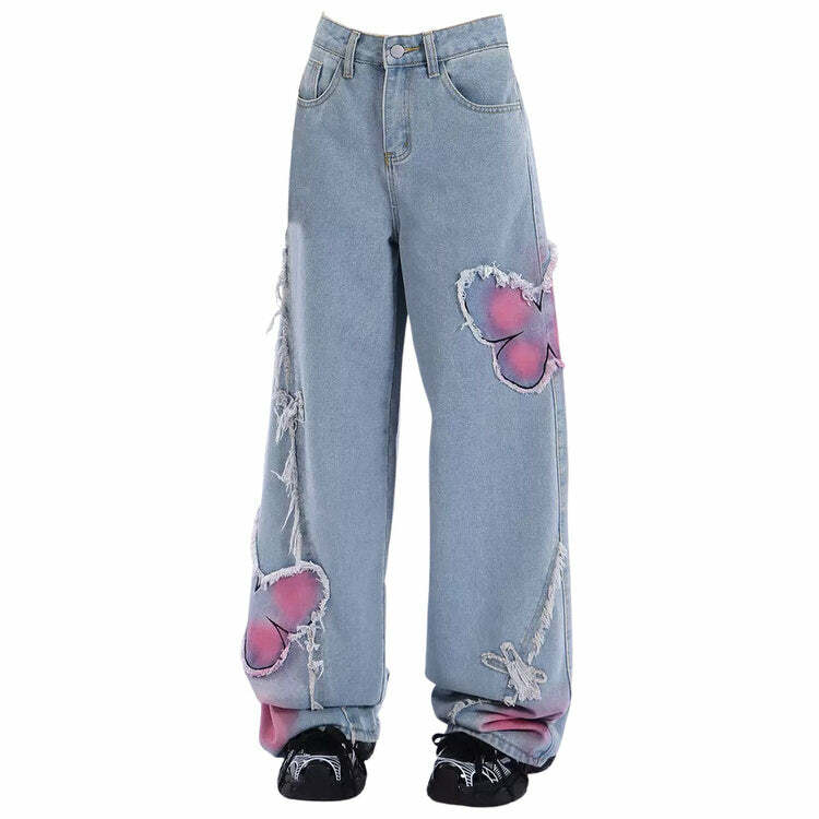 Pink Butterfly Wide Leg Jeans - 2000s Fashion, Y2K Aesthetic Outfit