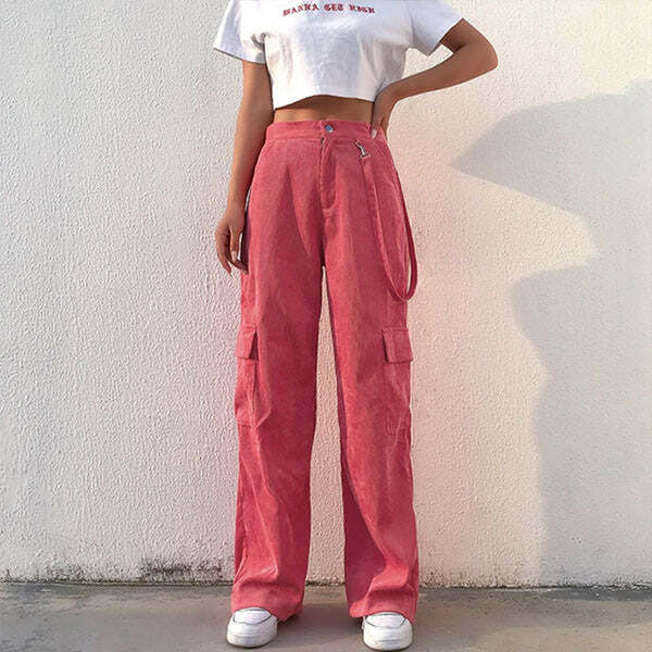 Pink Cord Cargo Pants - 2000s Fashion, Nostalgia Outfits, Y2K Aesthetic