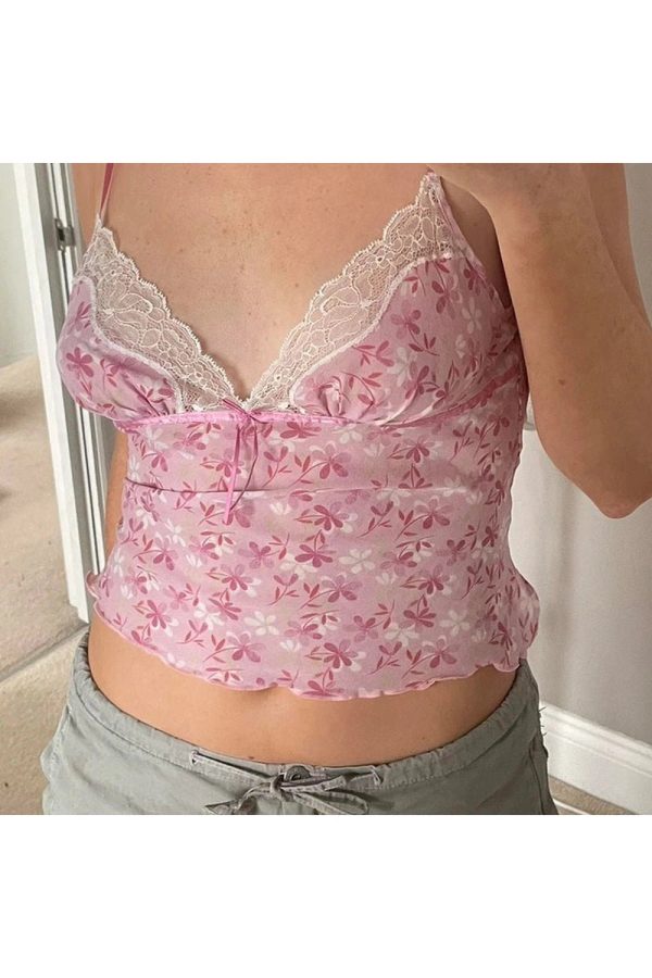 Pink Petal Lace Trim Top - 2000s Fashion Inspired Women's Outfit