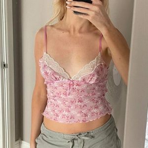 Pink Petal Lace Trim Top - 2000s Fashion Inspired Women's Outfit