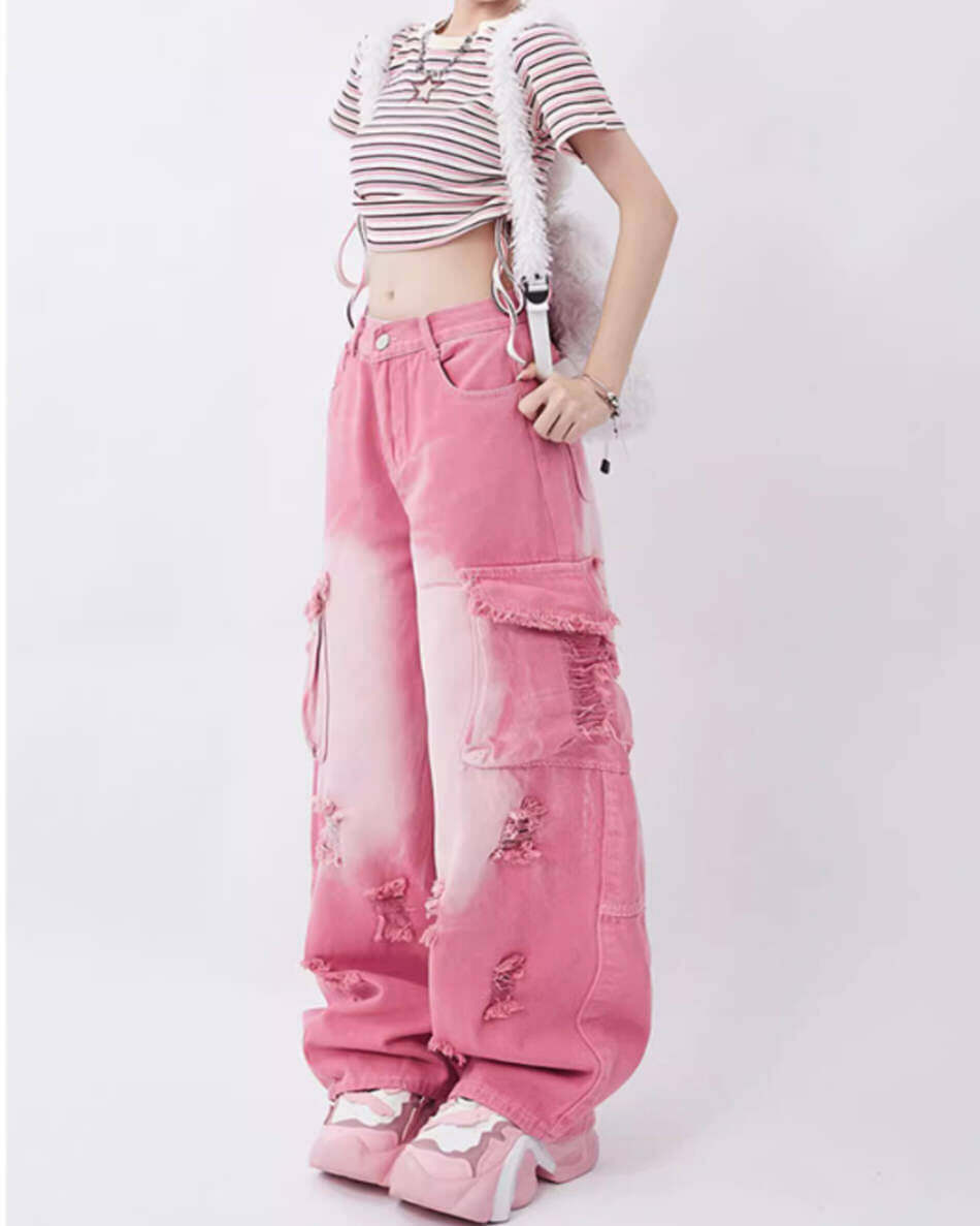 Rebel Cargo Jeans in Pink - 2000s Fashion, Y2K Aesthetic, Nostalgia Outfit