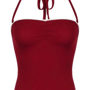 Red Lace-Trim Halter Top - 2000s Fashion Inspired Women's Outfit