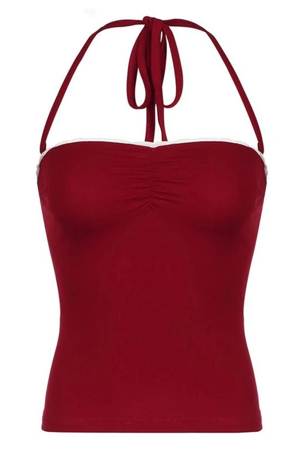 Red Lace-Trim Halter Top - 2000s Fashion Inspired Women's Outfit