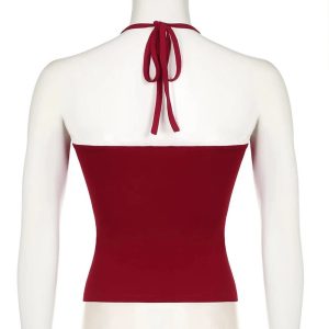 Red Lace-Trim Halter Top - 2000s Fashion Inspired Women's Outfit