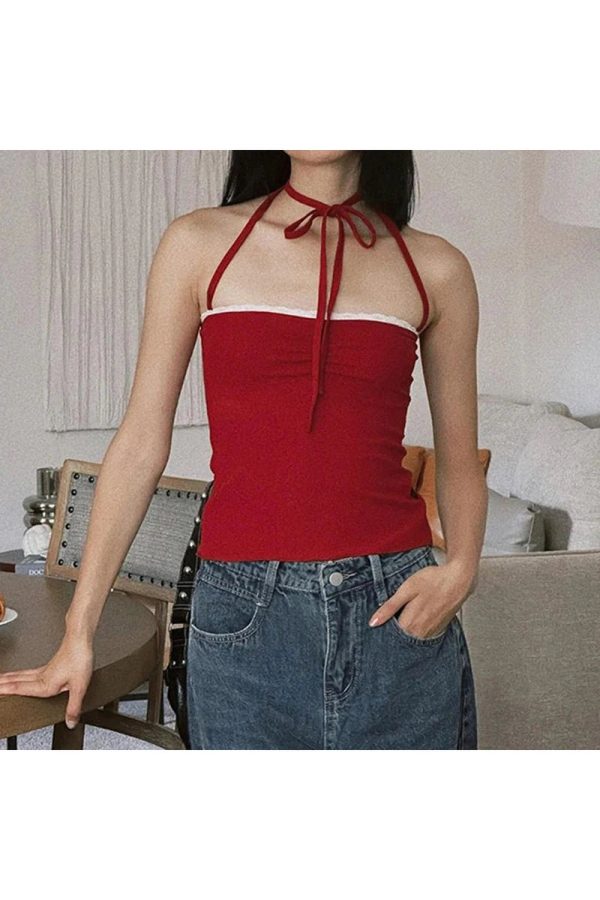 Red Lace-Trim Halter Top - 2000s Fashion Inspired Women's Outfit