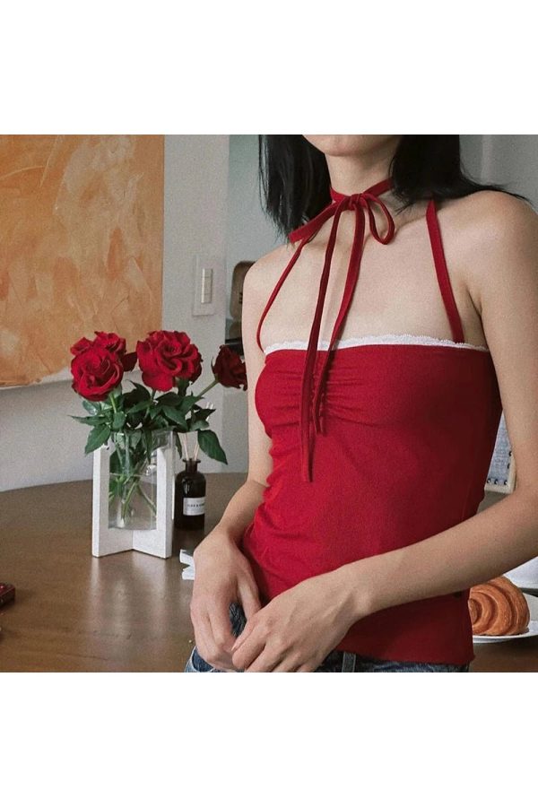 Red Lace-Trim Halter Top - 2000s Fashion Inspired Women's Outfit