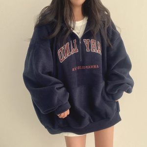 Retro Campus Half-Zip Hoodie - 2000s Fashion Inspired Women's Top