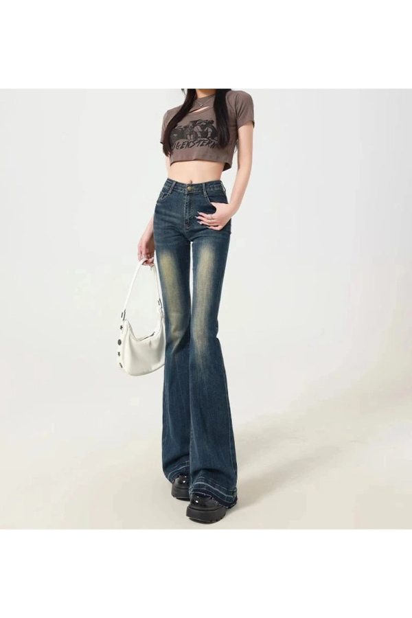 Retro Embroidered Flare Jeans - 2000s Fashion, Nostalgia 2000s Outfits