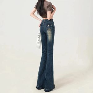 Retro Embroidered Flare Jeans - 2000s Fashion, Nostalgia 2000s Outfits