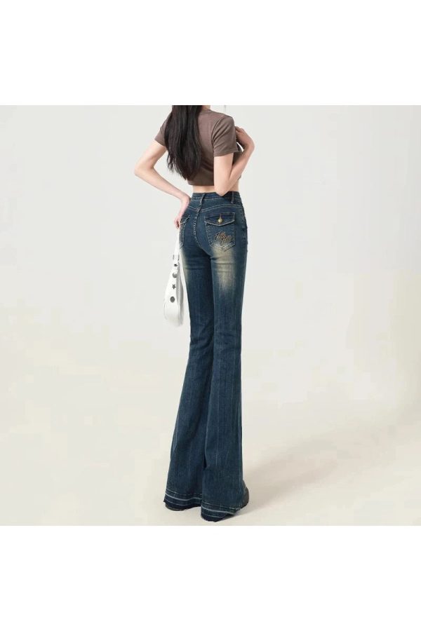 Retro Embroidered Flare Jeans - 2000s Fashion, Nostalgia 2000s Outfits