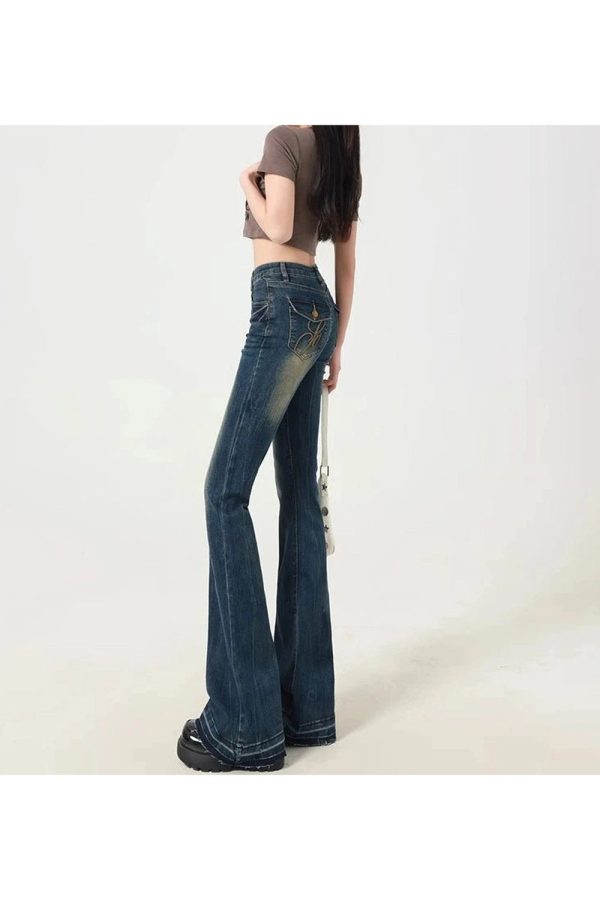 Retro Embroidered Flare Jeans - 2000s Fashion, Nostalgia 2000s Outfits