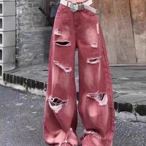 Retro Rose Distressed Baggy Jeans - 2000s Fashion, Y2K Aesthetic Outfit