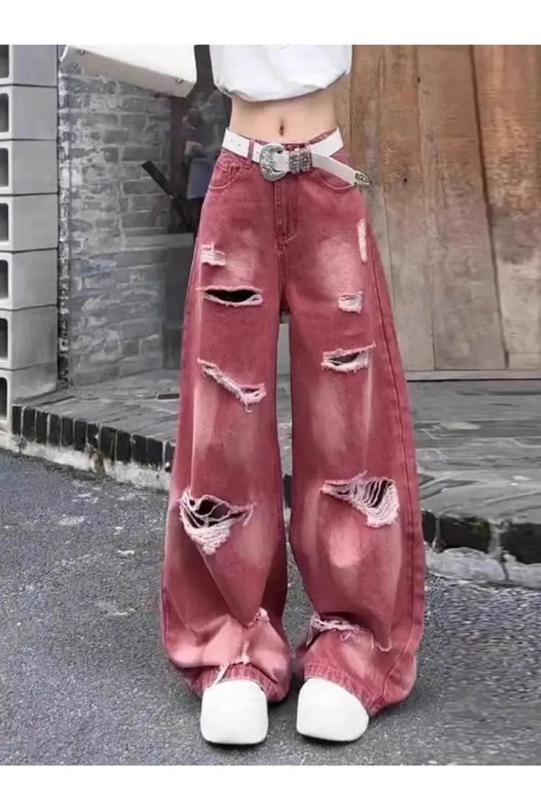 Retro Rose Distressed Baggy Jeans - 2000s Fashion, Y2K Aesthetic Outfit